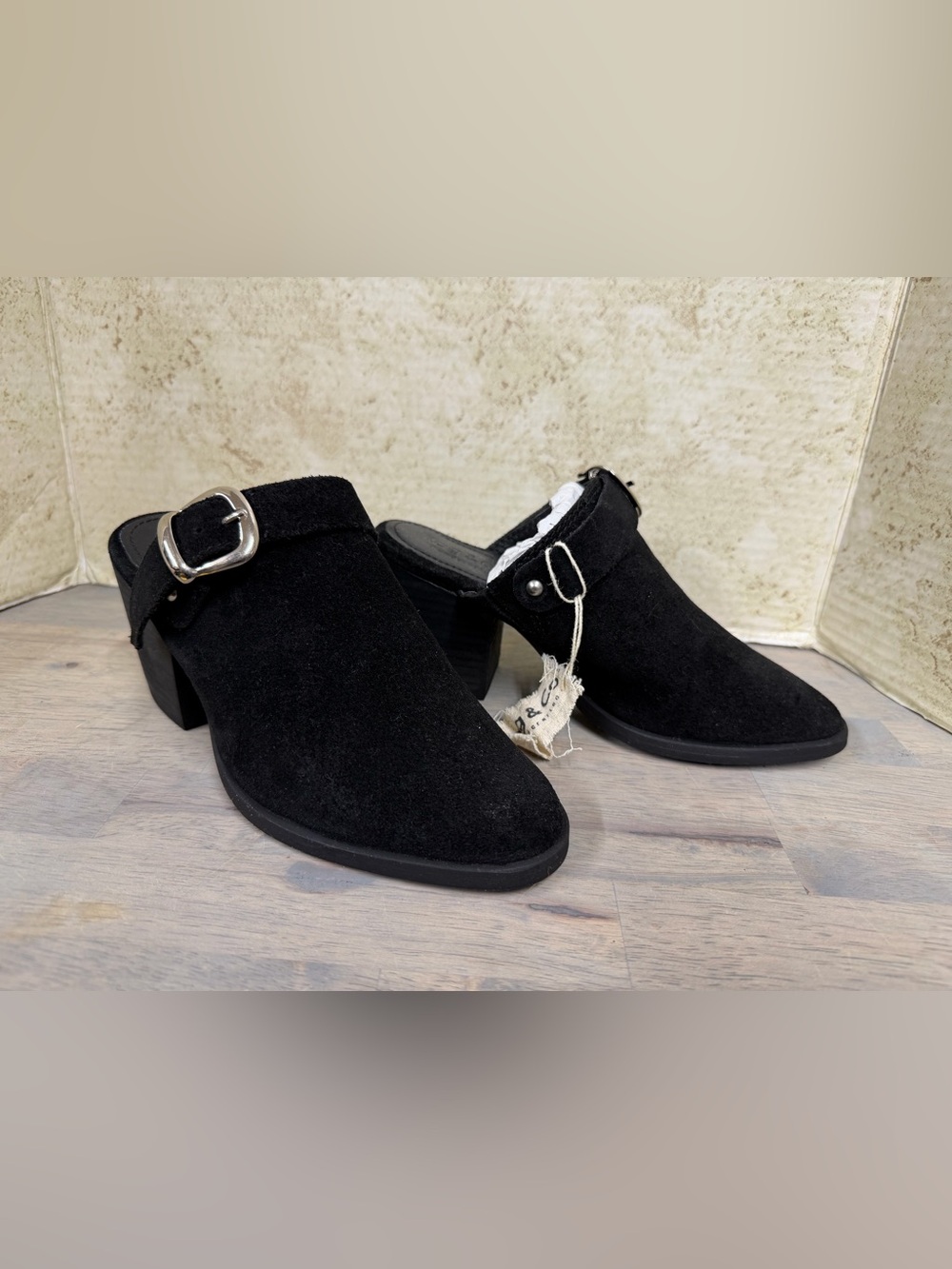 Rag & Co Black Stacked Heel Mules With Adjustable Buckle - Various Sizes